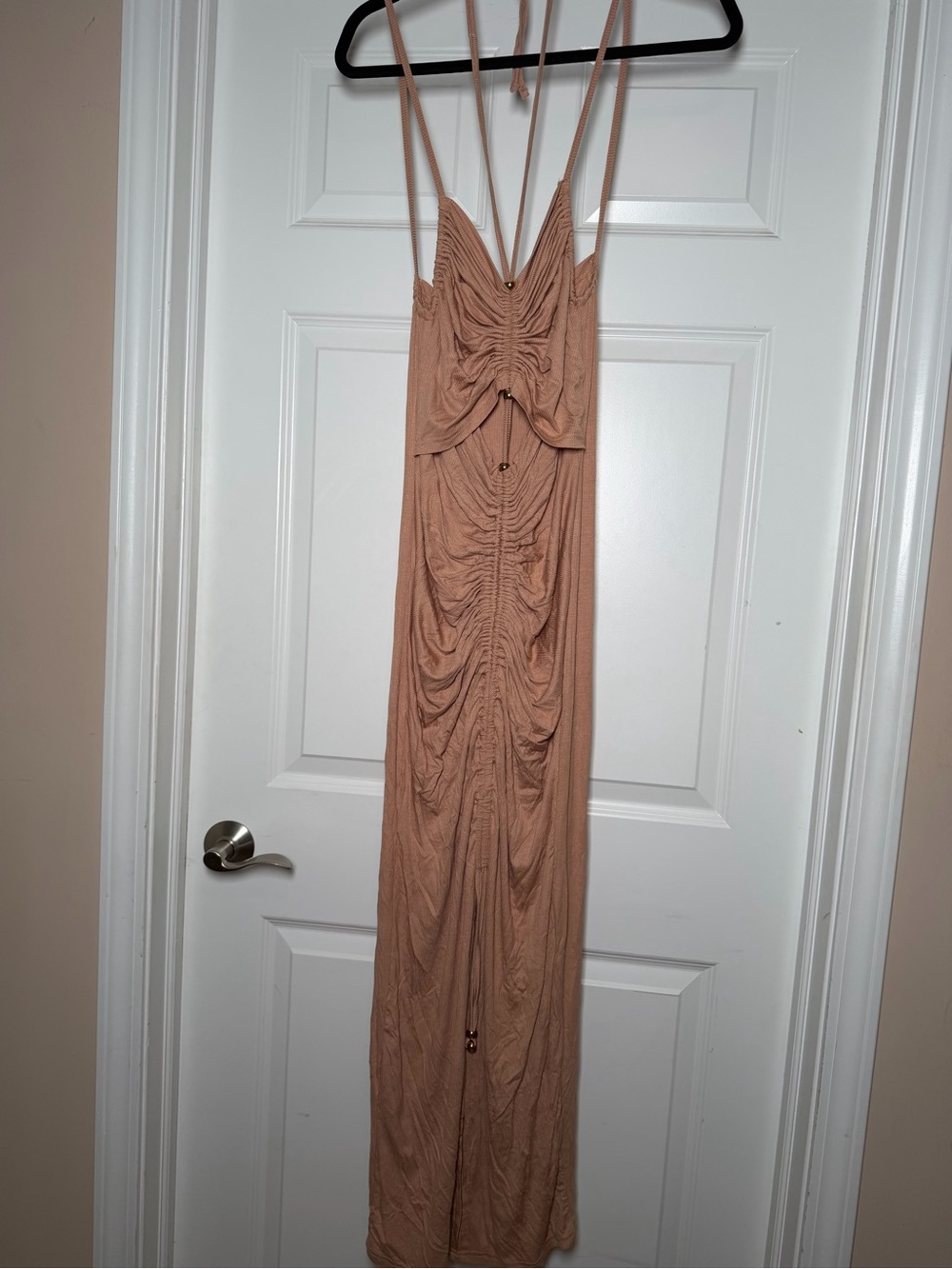 SHEIN Nude Camel Ruched Maxi Dress with Double Spaghetti Straps